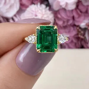 Emerald Cut Emerald Engagement Ring with Pear Shape Lab Grown Diamonds 14K Solid Gold , May Birthstone Ring , Trendy Ring #8857