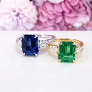 Emerald Cut Emerald Engagement Ring with Pear Shape Lab Grown Diamonds 14K Solid Gold , May Birthstone Ring , Trendy Ring #8857