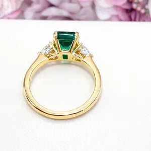 Emerald Cut Emerald Engagement Ring with Pear Shape Lab Grown Diamonds 14K Solid Gold , May Birthstone Ring , Trendy Ring #8857
