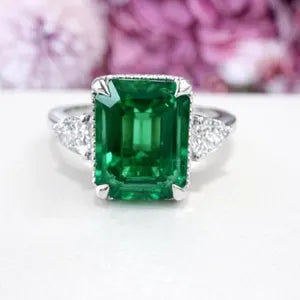 Emerald Cut Emerald Engagement Ring with Pear Shape Lab Grown Diamonds 14K Solid Gold , May Birthstone Ring , Trendy Ring #8857