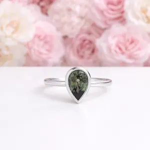 1.50 Ctw Pear Shape Bezel Olive Green Sapphire Engagement Ring in 14k Solid Gold , Modern Birthstone Ring , Dainty Pear Shape Ring #8858