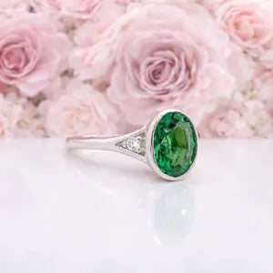 Emerald Ring, 14K Gold Emerald and Diamond Ring, Oval Cut Bezel Setting Emerald Ring, Modern Engagement Ring, May Birthstone Ring #8837