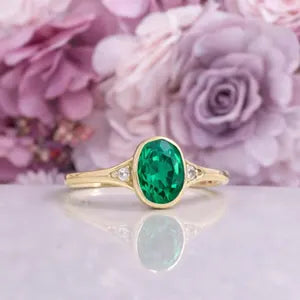 Emerald Ring, 14K Gold Emerald and Diamond Ring, Oval Cut Bezel Setting Emerald Ring, Modern Engagement Ring, May Birthstone Ring #8837