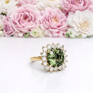 3.95 CTW Cushion Cut Olive green Sapphire Engagement Ring With Lab Grown Diamond Halo 14K Solid Gold with a Euro Shank #8852