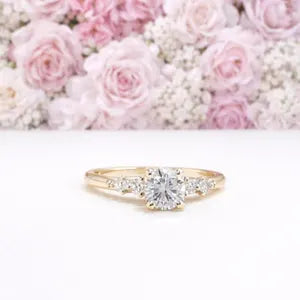 0.25CT Center Lab Grown Diamond Engagement Ring 14K Solid Gold, Five Stone Lab Created Diamond Wedding Ring Simple Diamond Bridal Ring #8849