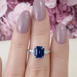 Emerald Cut Blue Sapphire Engagement Ring, Pear Lab Grown Diamonds, 14K Gold #8857