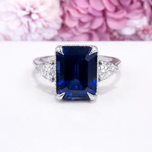 Emerald Cut Blue Sapphire Engagement Ring, Pear Lab Grown Diamonds, 14K Gold #8857