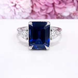 Emerald Cut Blue Sapphire Engagement Ring, Pear Lab Grown Diamonds, 14K Gold #8857