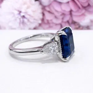 Emerald Cut Blue Sapphire Engagement Ring, Pear Lab Grown Diamonds, 14K Gold #8857
