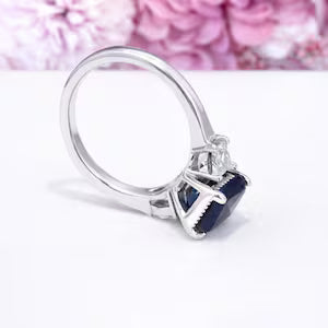 Emerald Cut Blue Sapphire Engagement Ring, Pear Lab Grown Diamonds, 14K Gold #8857