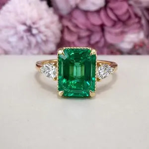 Emerald Cut Emerald Engagement Ring with Pear Shape Lab Grown Diamonds 14K Solid Gold , May Birthstone Ring , Trendy Ring #8857