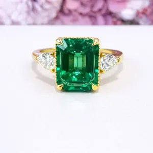 Emerald Cut Emerald Engagement Ring with Pear Shape Lab Grown Diamonds 14K Solid Gold , May Birthstone Ring , Trendy Ring #8857