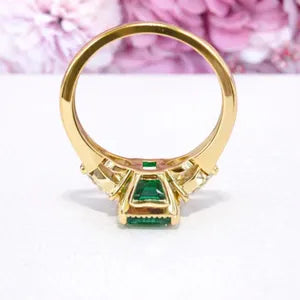 Emerald Cut Emerald Engagement Ring with Pear Shape Lab Grown Diamonds 14K Solid Gold , May Birthstone Ring , Trendy Ring #8857