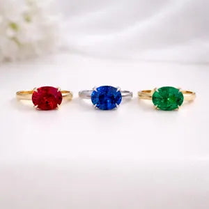 Oval Emerald East West Solitaire Ring 14K Solid Gold with Halo, May Birthstone Jewelry, Emerald Engagement Ring, Oval Emerald Ring #8869