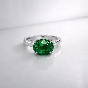 Oval Emerald East West Solitaire Ring 14K Solid Gold with Halo, May Birthstone Jewelry, Emerald Engagement Ring, Oval Emerald Ring #8869