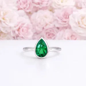 1.50 Ctw Pear Shape Bezel Olive Green Sapphire Engagement Ring in 14k Solid Gold , Modern Birthstone Ring , Dainty Pear Shape Ring #8858