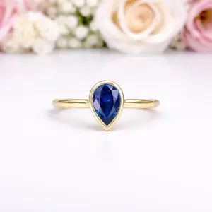 1.50 Ctw Pear Shape Bezel Olive Green Sapphire Engagement Ring in 14k Solid Gold , Modern Birthstone Ring , Dainty Pear Shape Ring #8858