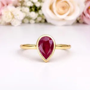 1.50 Ctw Pear Shape Bezel Olive Green Sapphire Engagement Ring in 14k Solid Gold , Modern Birthstone Ring , Dainty Pear Shape Ring #8858