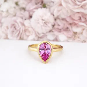 1.50 Ctw Pear Shape Bezel Olive Green Sapphire Engagement Ring in 14k Solid Gold , Modern Birthstone Ring , Dainty Pear Shape Ring #8858