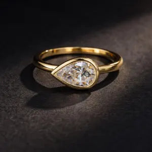 1.00 CTW Bezel Set Pear Shape Lab Grown Diamond 14K Solid Gold, East West Lab Diamond Pear Solitaire, #8874