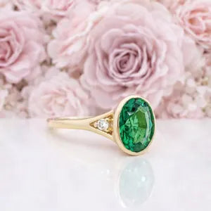 Emerald Ring, 14K Gold Emerald and Diamond Ring, Oval Cut Bezel Setting Emerald Ring, Modern Engagement Ring, May Birthstone Ring #8837