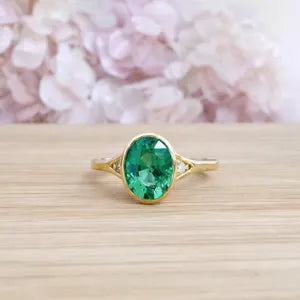 Emerald Ring, 14K Gold Emerald and Diamond Ring, Oval Cut Bezel Setting Emerald Ring, Modern Engagement Ring, May Birthstone Ring #8837