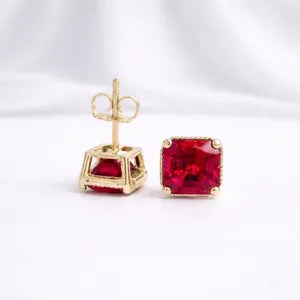 Asscher Cut Gemstone Stud Earrings, Emerald, Ruby, Blue Sapphire, Olive Green Sapphire Studs, Yellow Gold or White Gold Earrings #8877
