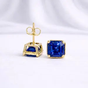 Asscher Cut Gemstone Stud Earrings, Emerald, Ruby, Blue Sapphire, Olive Green Sapphire Studs, Yellow Gold or White Gold Earrings #8877