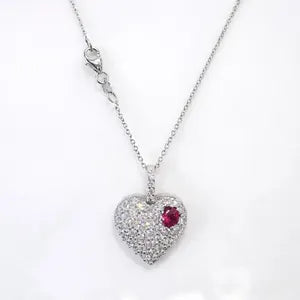 Lab Grown Diamond Heart Pendant With Ruby or Pink Sapphire 14K Solid Gold , Birthstone Heart Pendant , Puffy Heart Necklace #8861