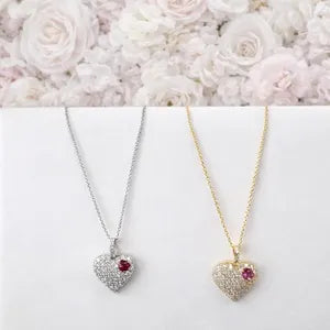 Lab Grown Diamond Heart Pendant With Ruby or Pink Sapphire 14K Solid Gold , Birthstone Heart Pendant , Puffy Heart Necklace #8861