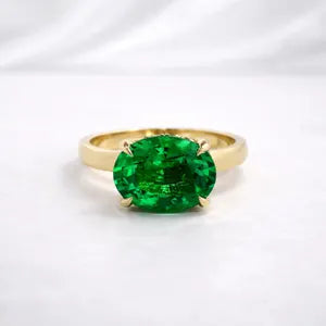 Oval Emerald East West Solitaire Ring 14K Solid Gold with Halo, May Birthstone Jewelry, Emerald Engagement Ring, Oval Emerald Ring #8869