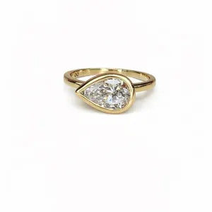 1.00 CTW Bezel Set Pear Shape Lab Grown Diamond 14K Solid Gold, East West Lab Diamond Pear Solitaire, #8874