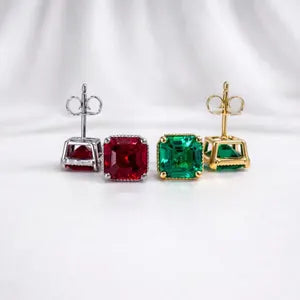 Asscher Cut Gemstone Stud Earrings, Emerald, Ruby, Blue Sapphire, Olive Green Sapphire Studs, Yellow Gold or White Gold Earrings #8877