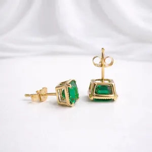 Asscher Cut Gemstone Stud Earrings, Emerald, Ruby, Blue Sapphire, Olive Green Sapphire Studs, Yellow Gold or White Gold Earrings #8877