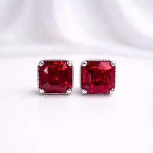 Asscher Cut Gemstone Stud Earrings, Emerald, Ruby, Blue Sapphire, Olive Green Sapphire Studs, Yellow Gold or White Gold Earrings #8877