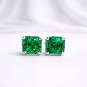 Asscher Cut Gemstone Stud Earrings, Emerald, Ruby, Blue Sapphire, Olive Green Sapphire Studs, Yellow Gold or White Gold Earrings #8877