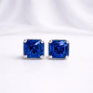 Asscher Cut Gemstone Stud Earrings, Emerald, Ruby, Blue Sapphire, Olive Green Sapphire Studs, Yellow Gold or White Gold Earrings #8877