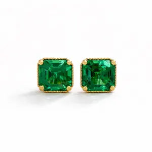 Asscher Cut Gemstone Stud Earrings, Emerald, Ruby, Blue Sapphire, Olive Green Sapphire Studs, Yellow Gold or White Gold Earrings #8877