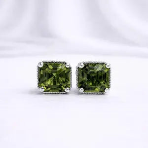 Asscher Cut Gemstone Stud Earrings, Emerald, Ruby, Blue Sapphire, Olive Green Sapphire Studs, Yellow Gold or White Gold Earrings #8877