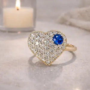 Lab Grown Diamond Heart Ring with Birthstone, Gemstone Accent Heart Ring, Diamond Heart Promise Ring, Romantic Gift for Her #8882