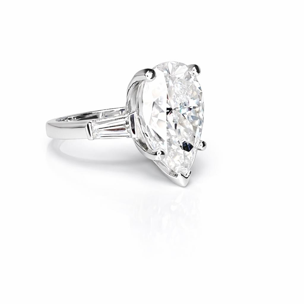 Moissanite Pear Shape Engagement Ring, Pear Solitaire Engagement Ring With Baguettes, 14k White Gold, Three Stone Ring,  #4845 #6882