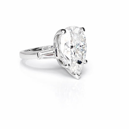 Moissanite Pear Shape Engagement Ring, Pear Solitaire Engagement Ring With Baguettes, 14k White Gold, Three Stone Ring,  #4845 #6882