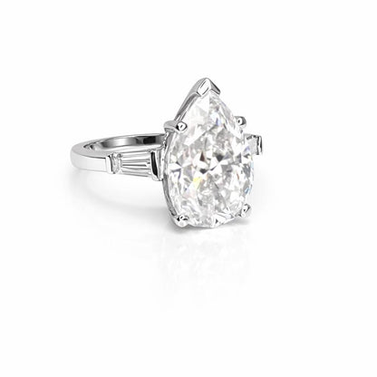 Moissanite Pear Shape Engagement Ring, Pear Solitaire Engagement Ring With Baguettes, 14k White Gold, Three Stone Ring,  #4845 #6882