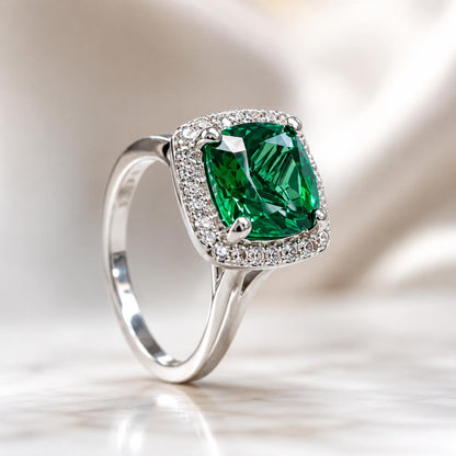 Cushion Cut Emerald And Genuine Diamond Halo Engagement Ring, 14k Gold Emerald And Moissanite Wedding Ring, Ladies May Birthstone Ring  5459