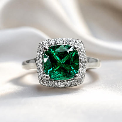 Cushion Cut Emerald And Genuine Diamond Halo Engagement Ring, 14k Gold Emerald And Moissanite Wedding Ring, Ladies May Birthstone Ring  5459