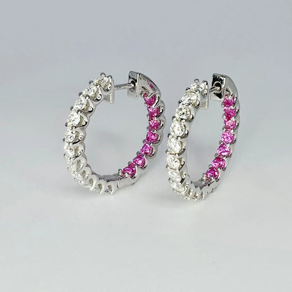 Moissanite and pink sapphire hoop earrings 14K solid gold, Inside out diamond hoop earrings, Everyday earrings, huggies endless hoops, #8127