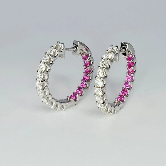 Moissanite and pink sapphire hoop earrings 14K solid gold, Inside out diamond hoop earrings, Everyday earrings, huggies endless hoops, #8127