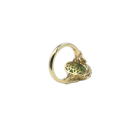 Jade Ring Elongated Oval with Diamond Halo in 14K Solid Yellow Gold , Unique Cabochon Oval Cut Jade Engagement Ring  Celtic Gold Jade Ring 8337