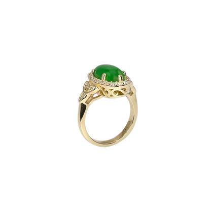 Jade Ring Elongated Oval with Diamond Halo in 14K Solid Yellow Gold , Unique Cabochon Oval Cut Jade Engagement Ring  Celtic Gold Jade Ring 8337