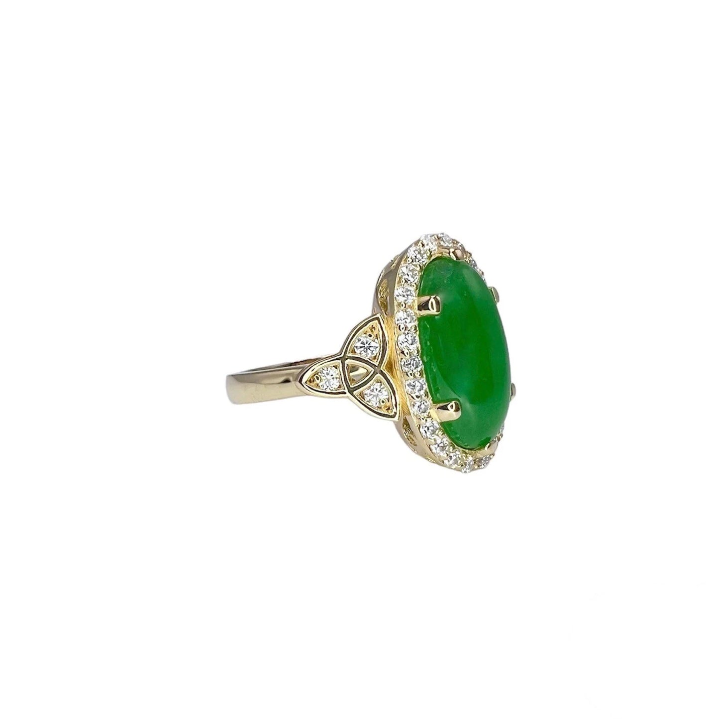 Jade Ring Elongated Oval with Diamond Halo in 14K Solid Yellow Gold , Unique Cabochon Oval Cut Jade Engagement Ring  Celtic Gold Jade Ring 8337